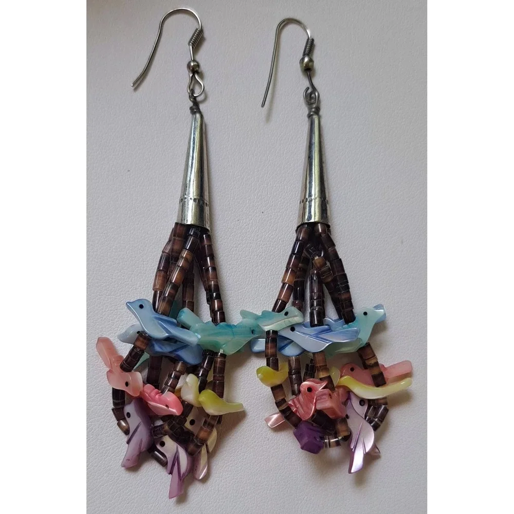 Vtg Native American Zuni Fetish Heishi Beaded Earrings - Picture 6 of 6